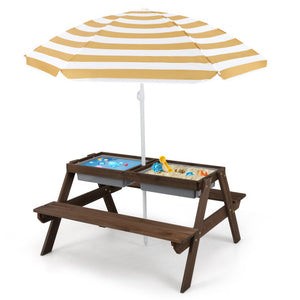 3-in-1 Kids Outdoor Picnic Water Sand Table with Removable Umbrella and Boxes-Coffee