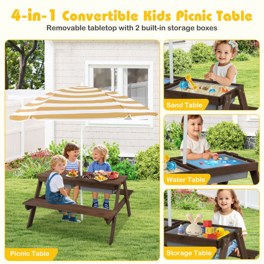 3-in-1 Kids Outdoor Picnic Water Sand Table with Removable Umbrella and Boxes-Coffee