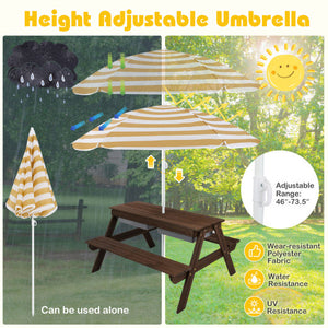 3-in-1 Kids Outdoor Picnic Water Sand Table with Removable Umbrella and Boxes-Coffee