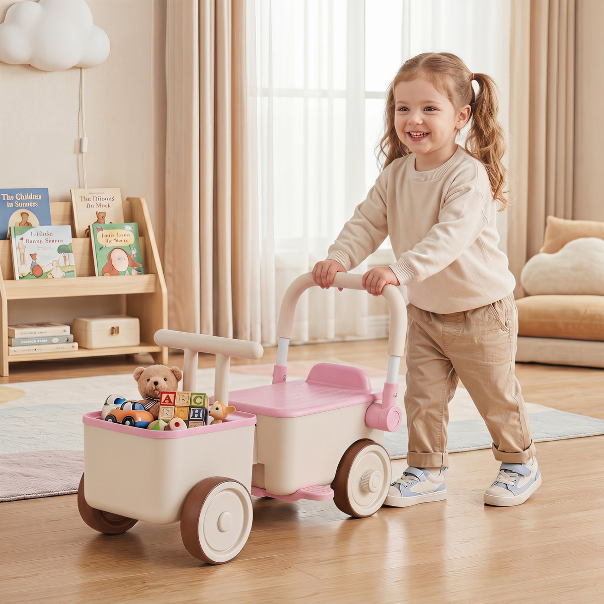 3-in-1 Kids Ride On Push Car with Rope and Storage Basket-Pink