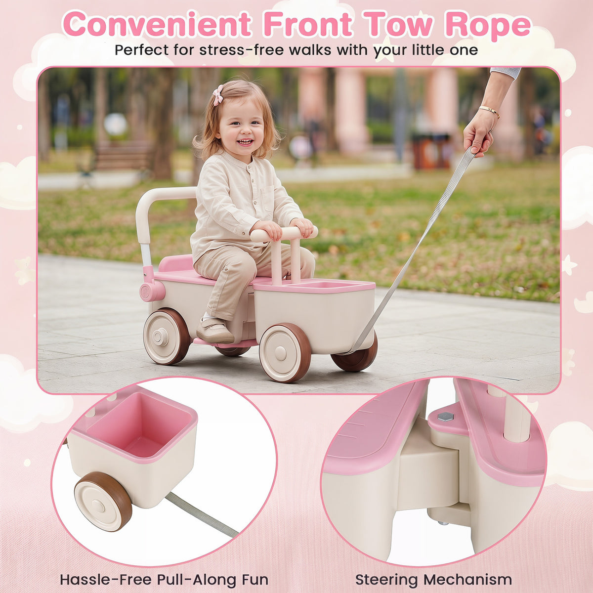 3-in-1 Kids Ride On Push Car with Rope and Storage Basket-Pink