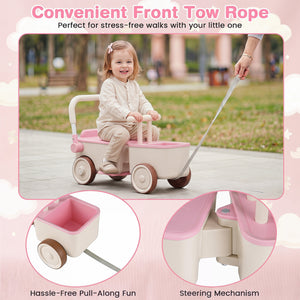 3-in-1 Kids Ride On Push Car with Rope and Storage Basket-Pink