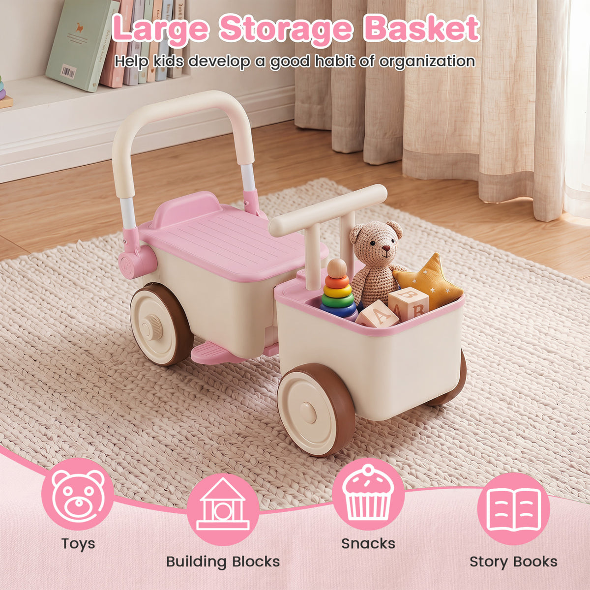 3-in-1 Kids Ride On Push Car with Rope and Storage Basket-Pink