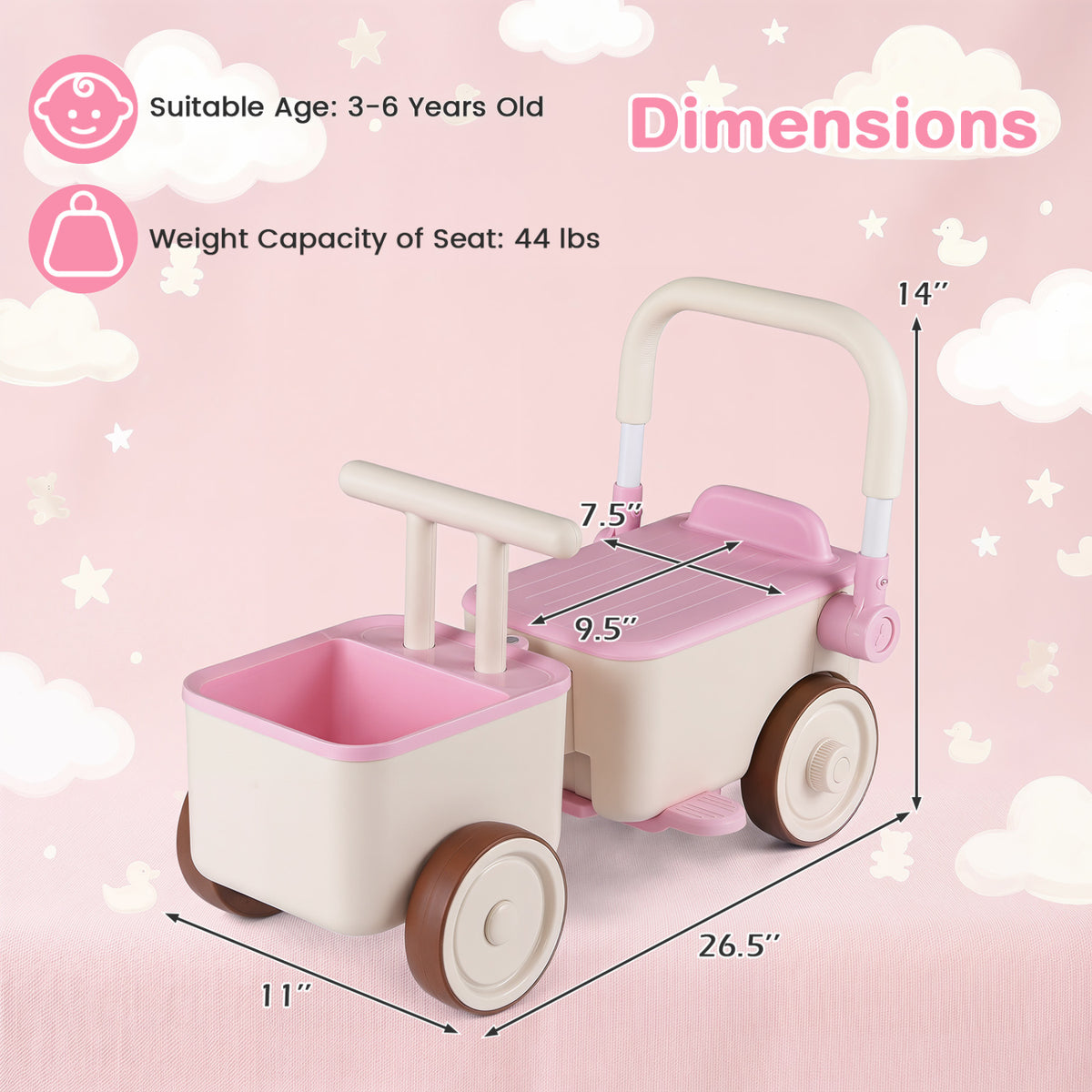 3-in-1 Kids Ride On Push Car with Rope and Storage Basket-Pink