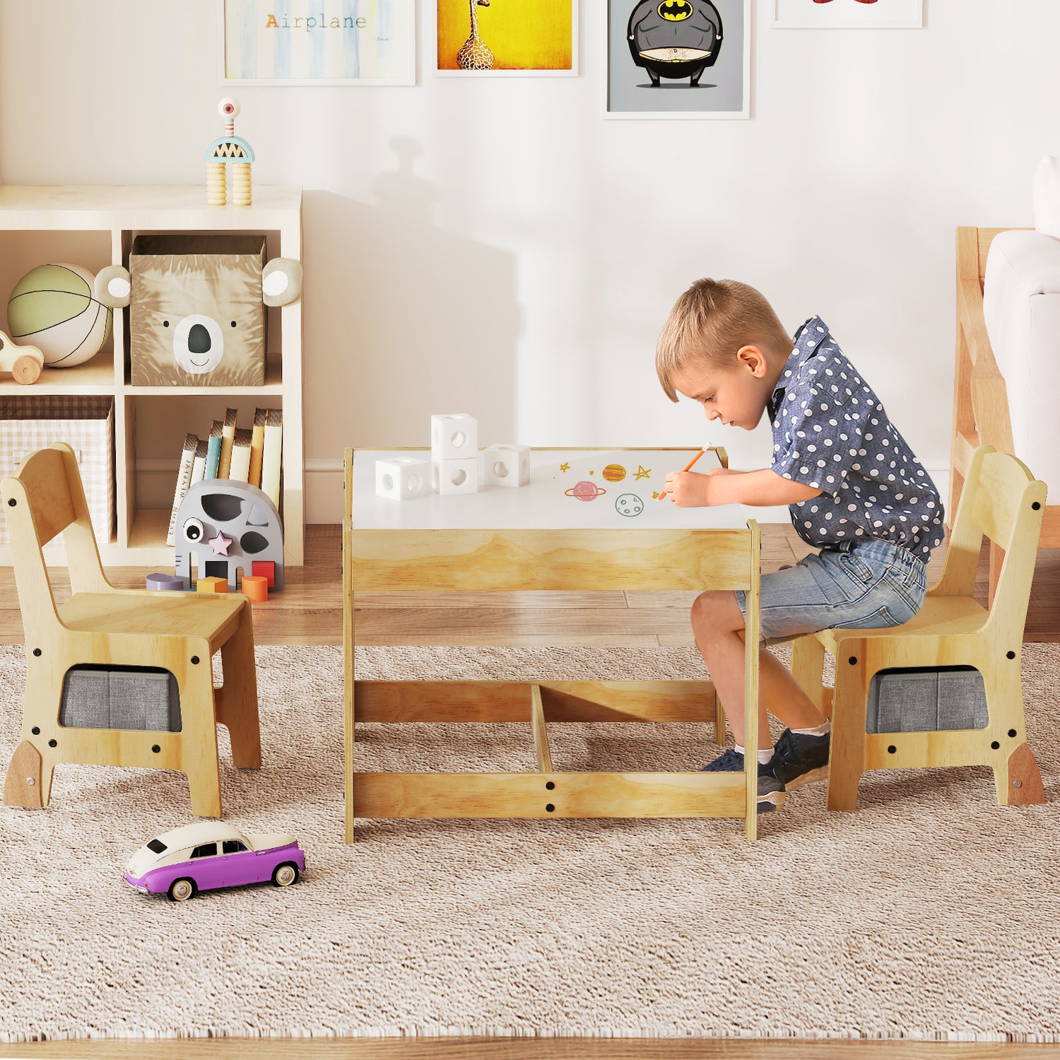 3 in 1 Kids Table and Chair Set with Removable Tabletop and 2 Storage Drawers-Gray