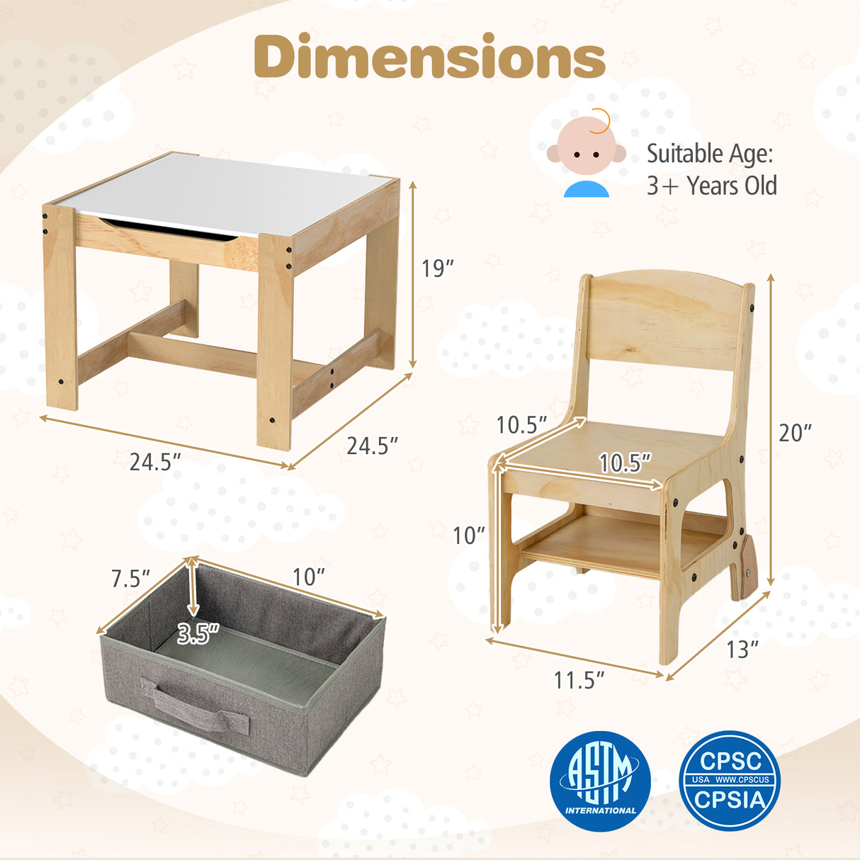 3 in 1 Kids Table and Chair Set with Removable Tabletop and 2 Storage Drawers-Gray