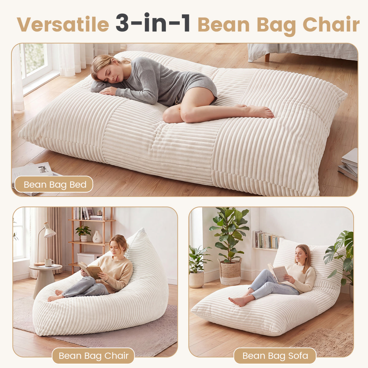 3-in-1 Large Bean Bag Chair with Comfy Corduroy Fabric-Beige