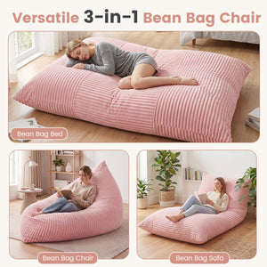 3-in-1 Large Bean Bag Chair with Comfy Corduroy Fabric-Pink