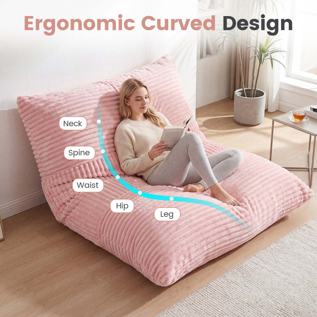 3-in-1 Large Bean Bag Chair with Comfy Corduroy Fabric-Pink