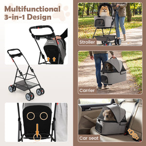 3 in 1 Pet Stroller with Removable Carrier up to 33 lbs-Gray