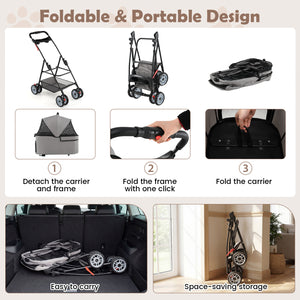 3 in 1 Pet Stroller with Removable Carrier up to 33 lbs-Gray