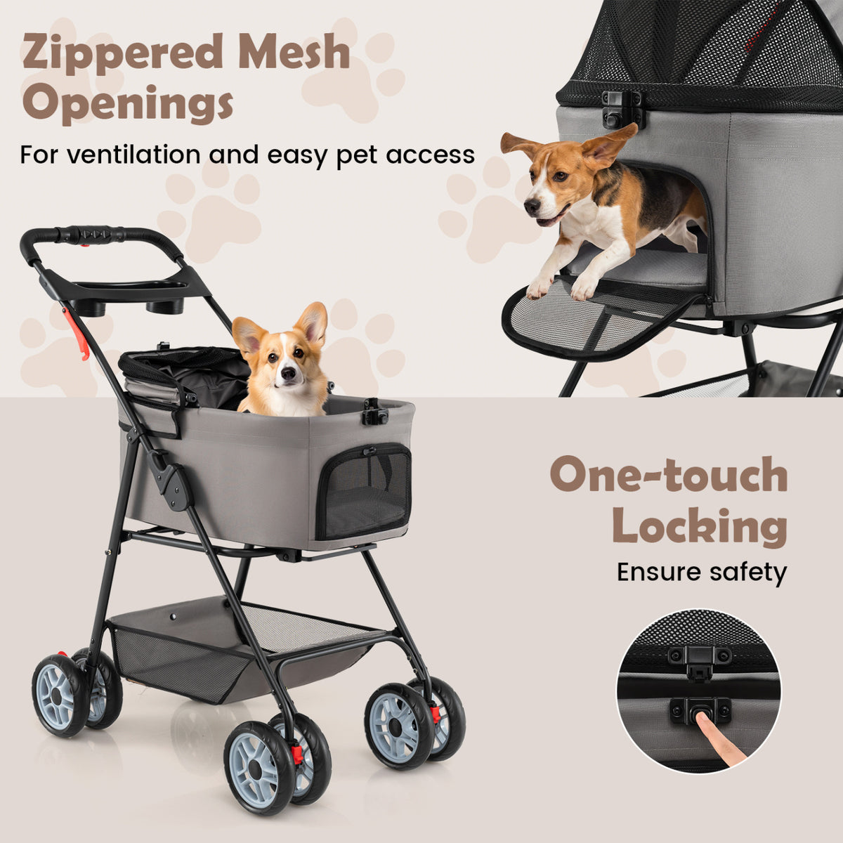 3 in 1 Pet Stroller with Removable Carrier up to 33 lbs-Gray
