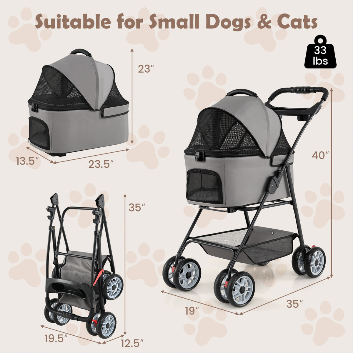 3 in 1 Pet Stroller with Removable Carrier up to 33 lbs-Gray