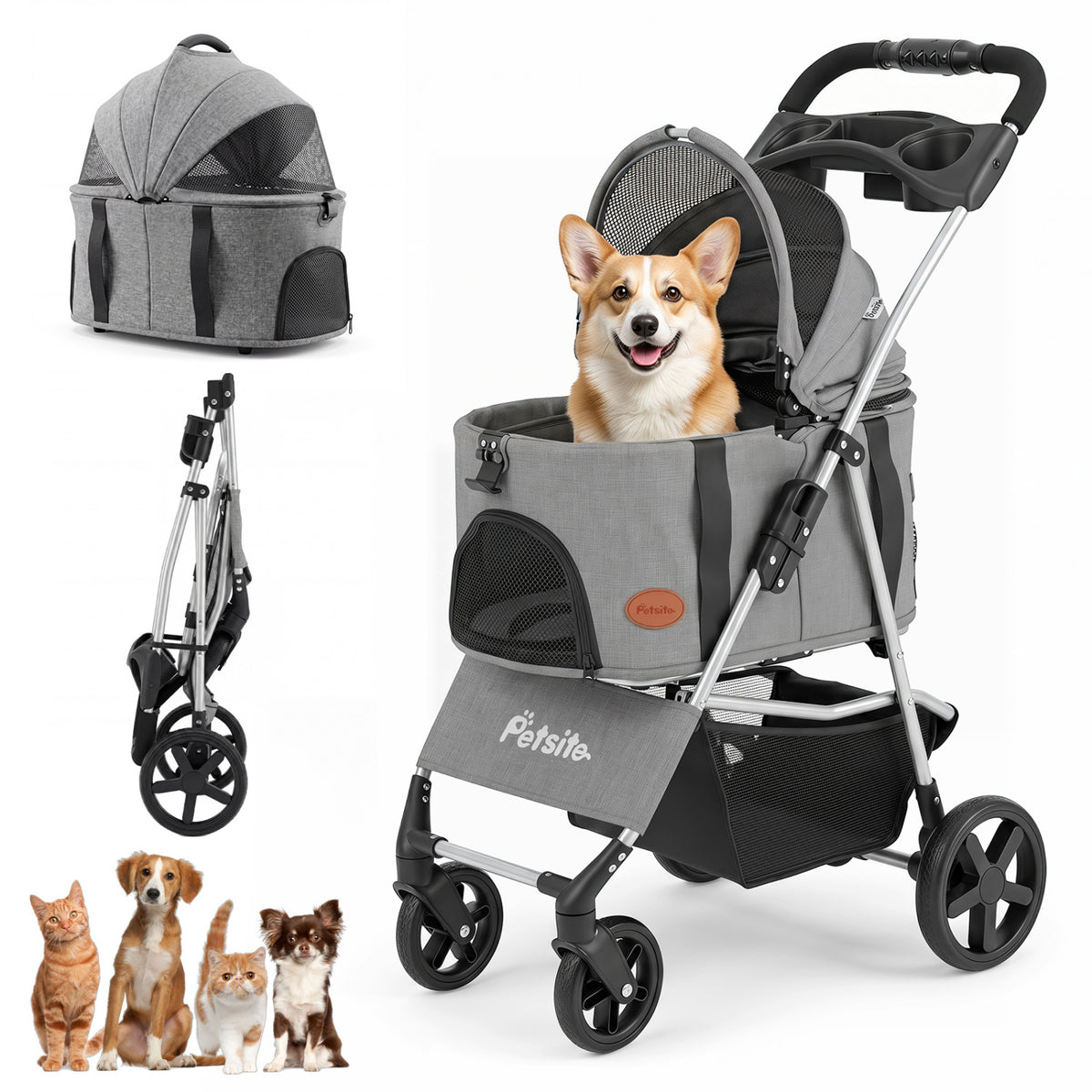 3-in-1 Pet Stroller for Small Medium Dogs Foldable with Detachable Carrier-Gray