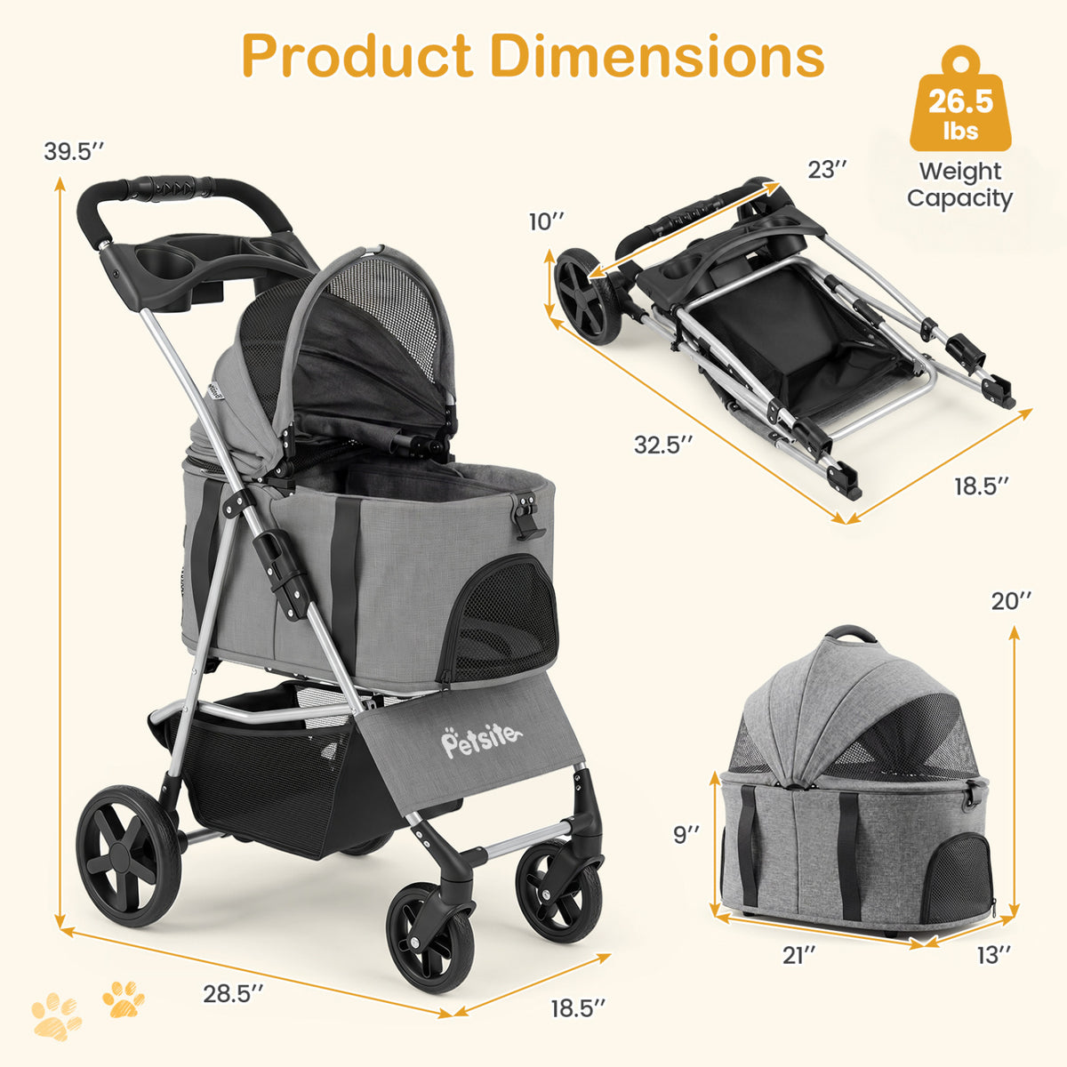 3-in-1 Pet Stroller for Small Medium Dogs Foldable with Detachable Carrier-Gray