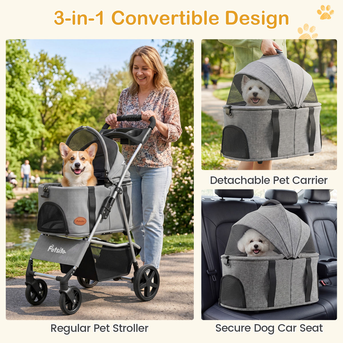 3-in-1 Pet Stroller for Small Medium Dogs Foldable with Detachable Carrier-Gray