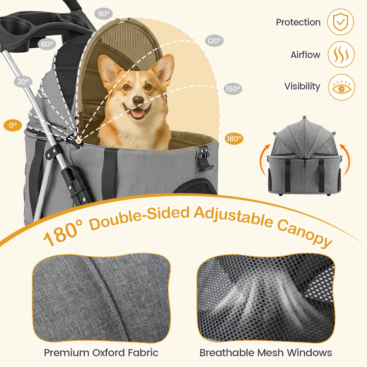 3-in-1 Pet Stroller for Small Medium Dogs Foldable with Detachable Carrier-Gray