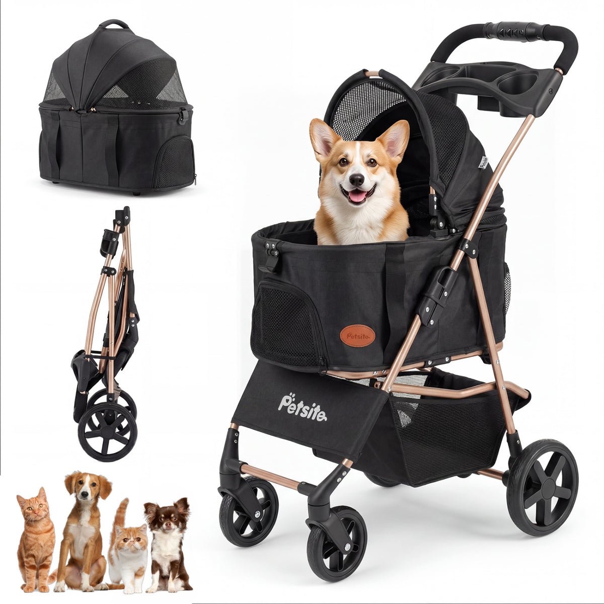 3-in-1 Pet Stroller for Small Medium Dogs Foldable with Detachable Carrier-Black