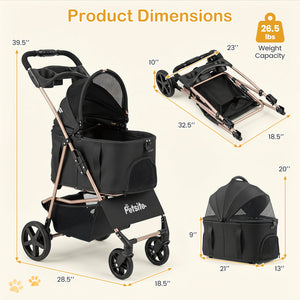 3-in-1 Pet Stroller for Small Medium Dogs Foldable with Detachable Carrier-Black