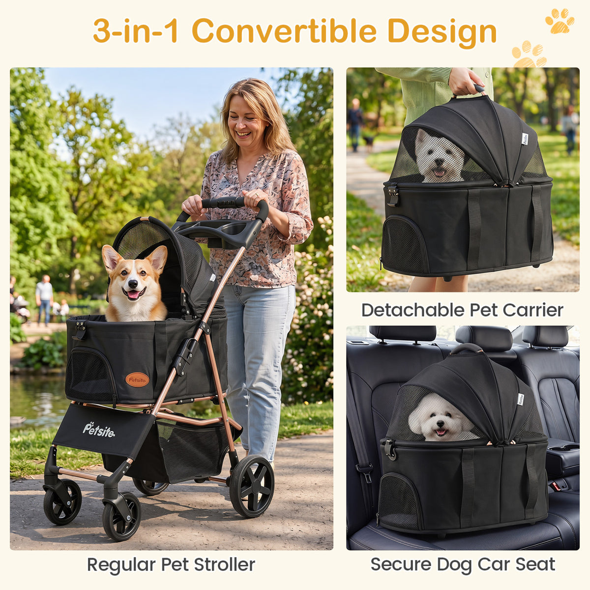 3-in-1 Pet Stroller for Small Medium Dogs Foldable with Detachable Carrier-Black