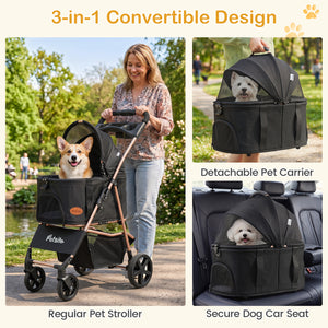 3-in-1 Pet Stroller for Small Medium Dogs Foldable with Detachable Carrier-Black