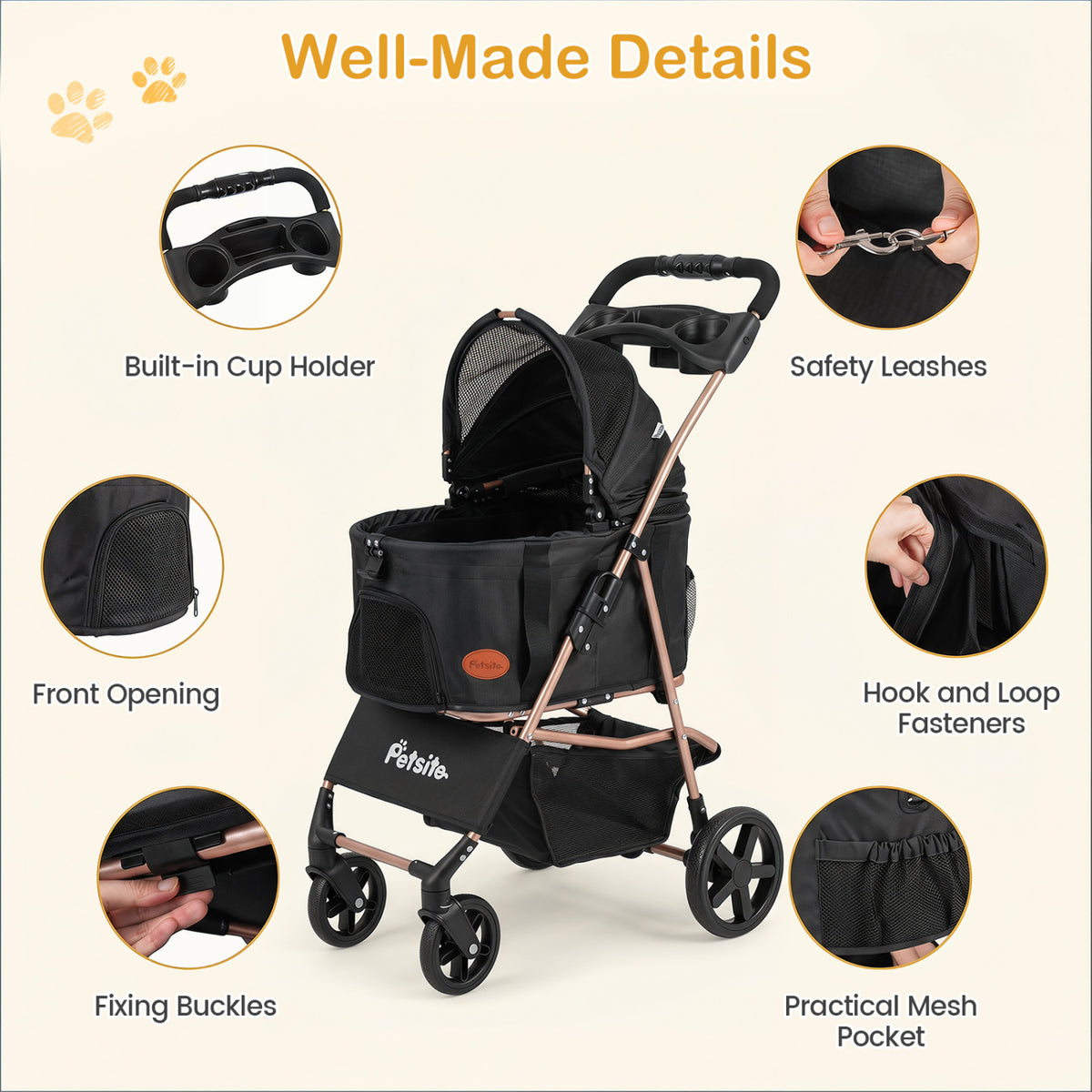 3-in-1 Pet Stroller for Small Medium Dogs Foldable with Detachable Carrier-Black
