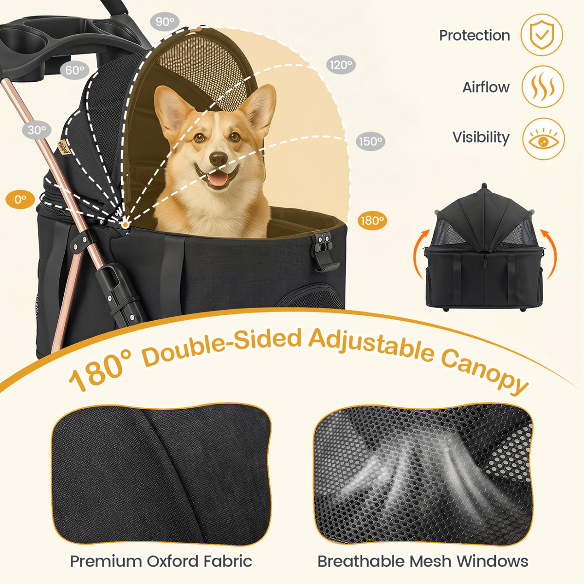 3-in-1 Pet Stroller for Small Medium Dogs Foldable with Detachable Carrier-Black