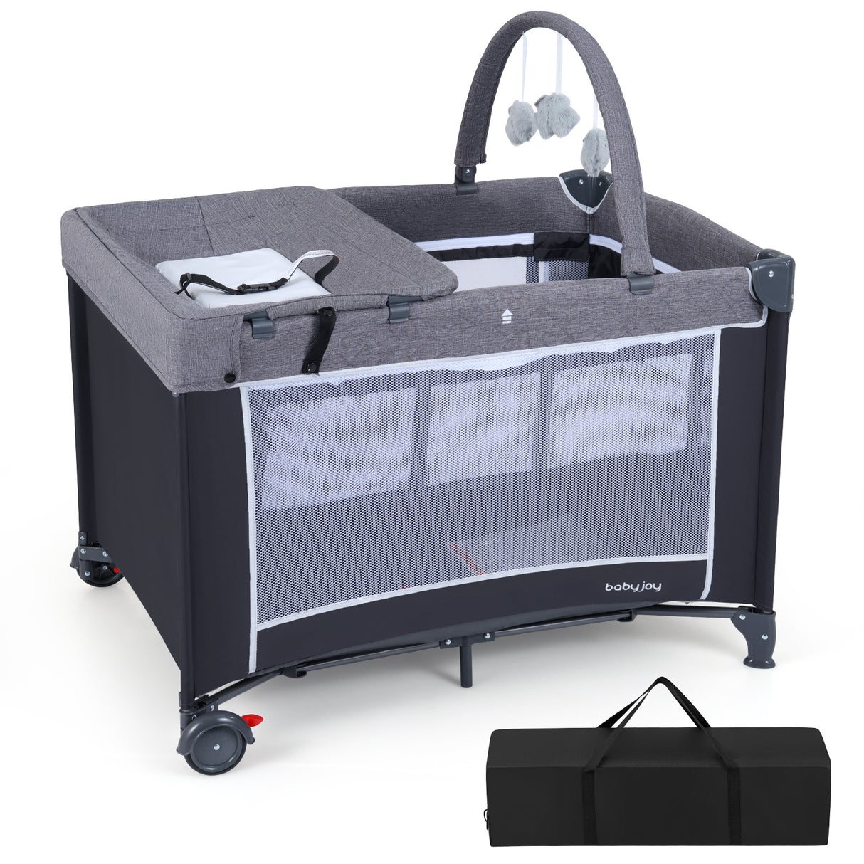 3-in-1 Portable Baby Crib and Playpen with Changing Table-Gray