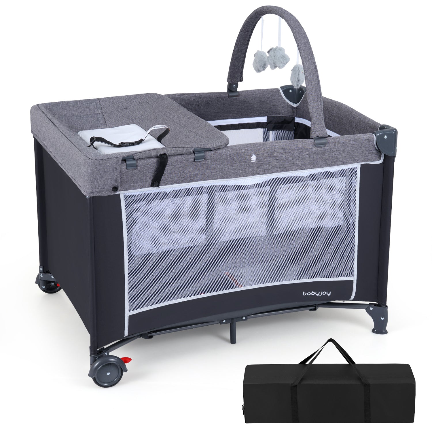 3-in-1 Portable Baby Crib and Playpen with Changing Table-Gray