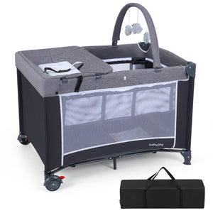 3-in-1 Portable Baby Crib and Playpen with Changing Table-Gray