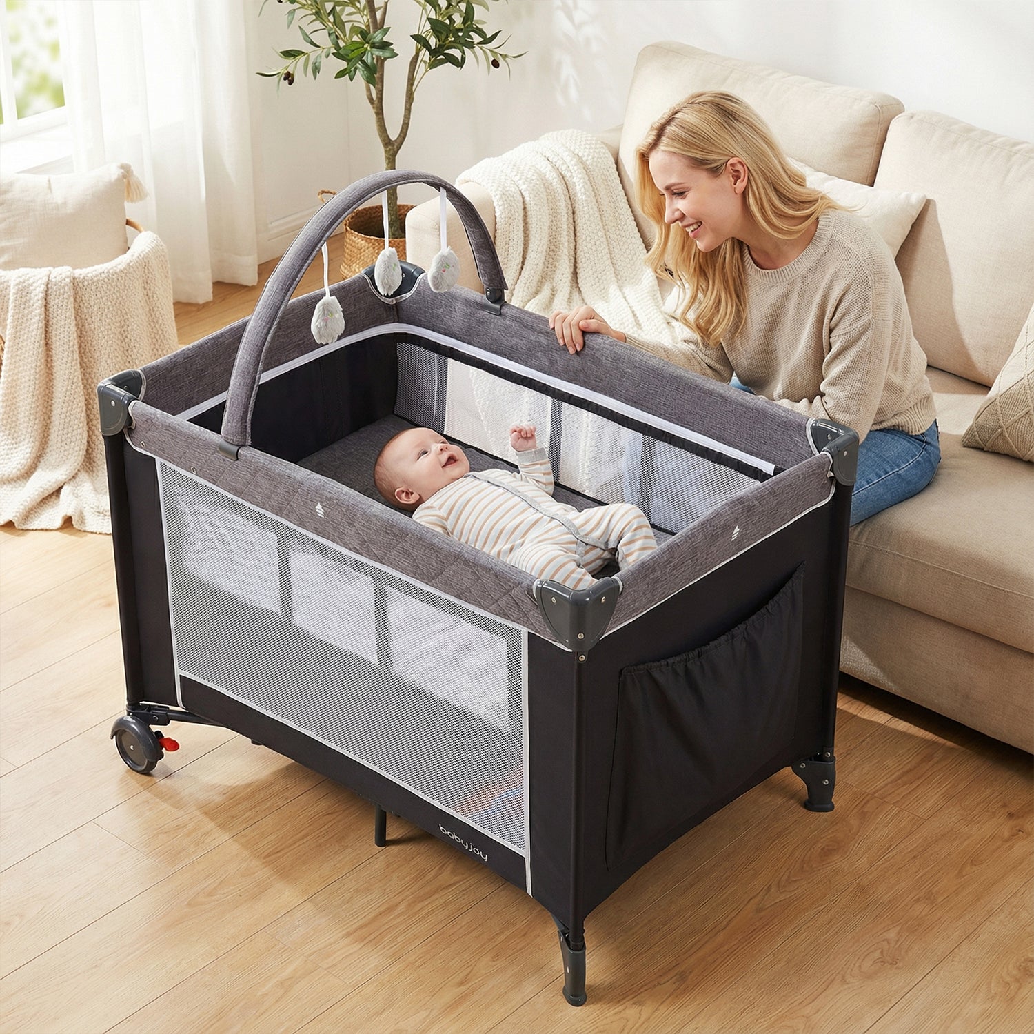 3-in-1 Portable Baby Crib and Playpen with Changing Table-Gray