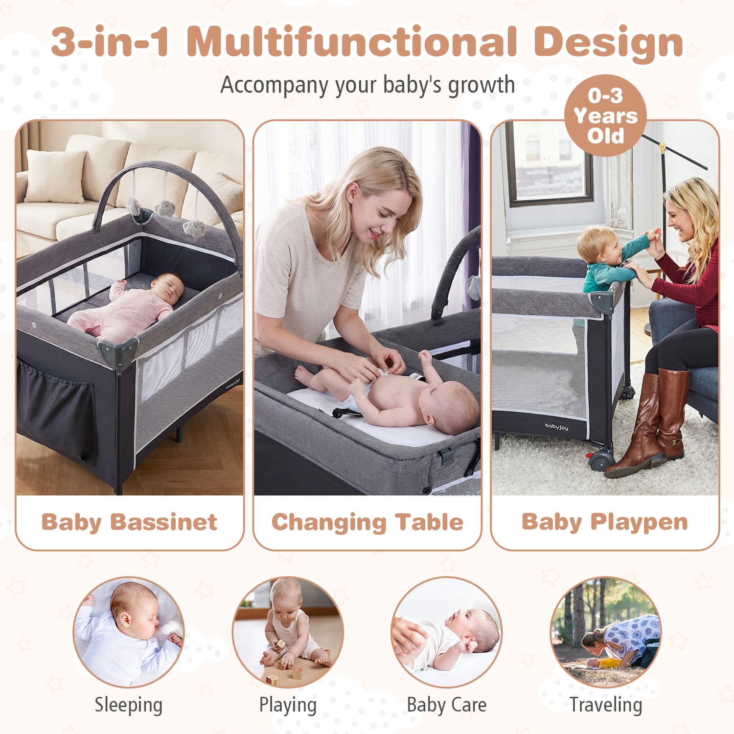 3-in-1 Portable Baby Crib and Playpen with Changing Table-Gray