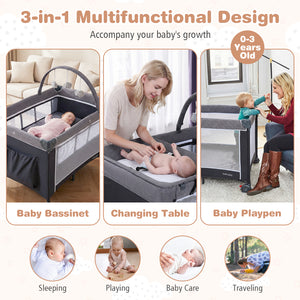 3-in-1 Portable Baby Crib and Playpen with Changing Table-Gray