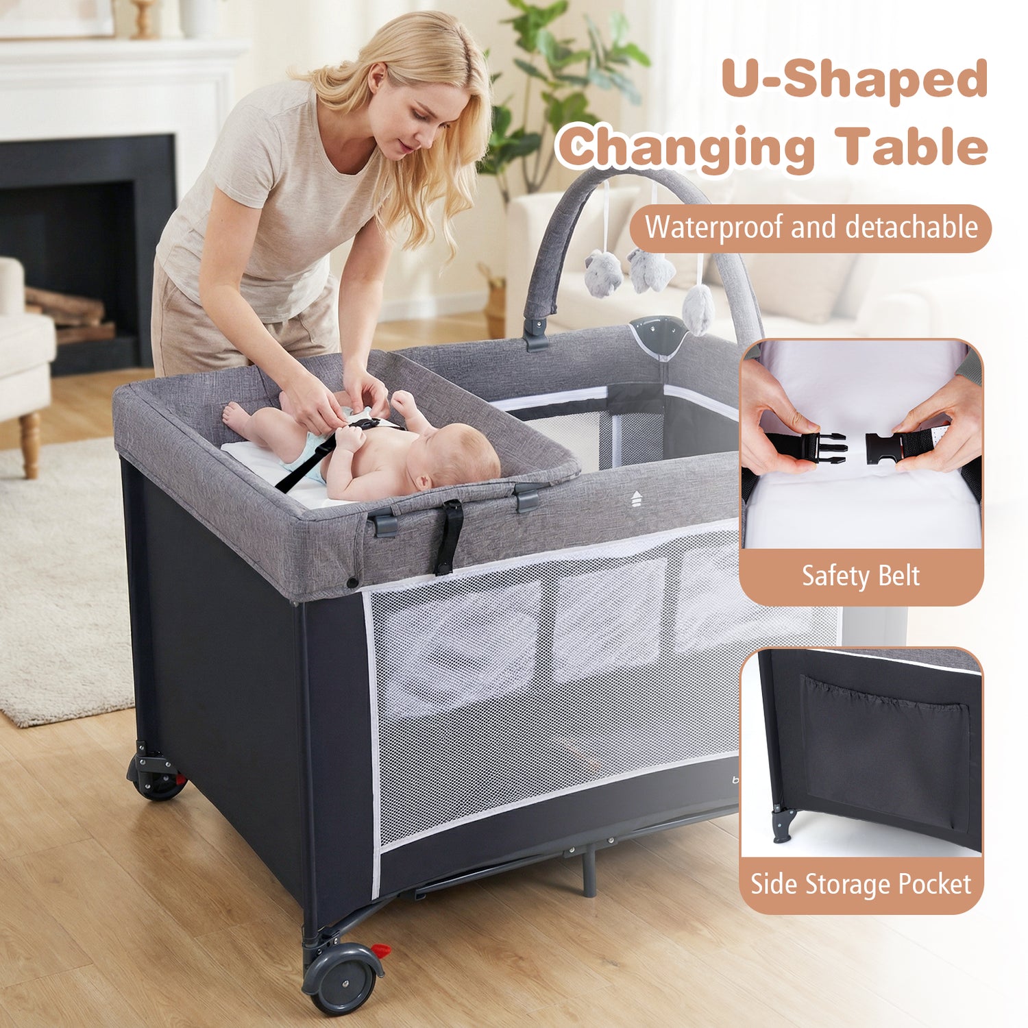 3-in-1 Portable Baby Crib and Playpen with Changing Table-Gray