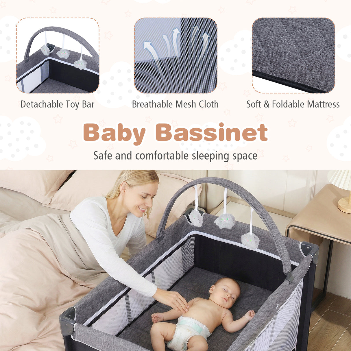 3-in-1 Portable Baby Crib and Playpen with Changing Table-Gray