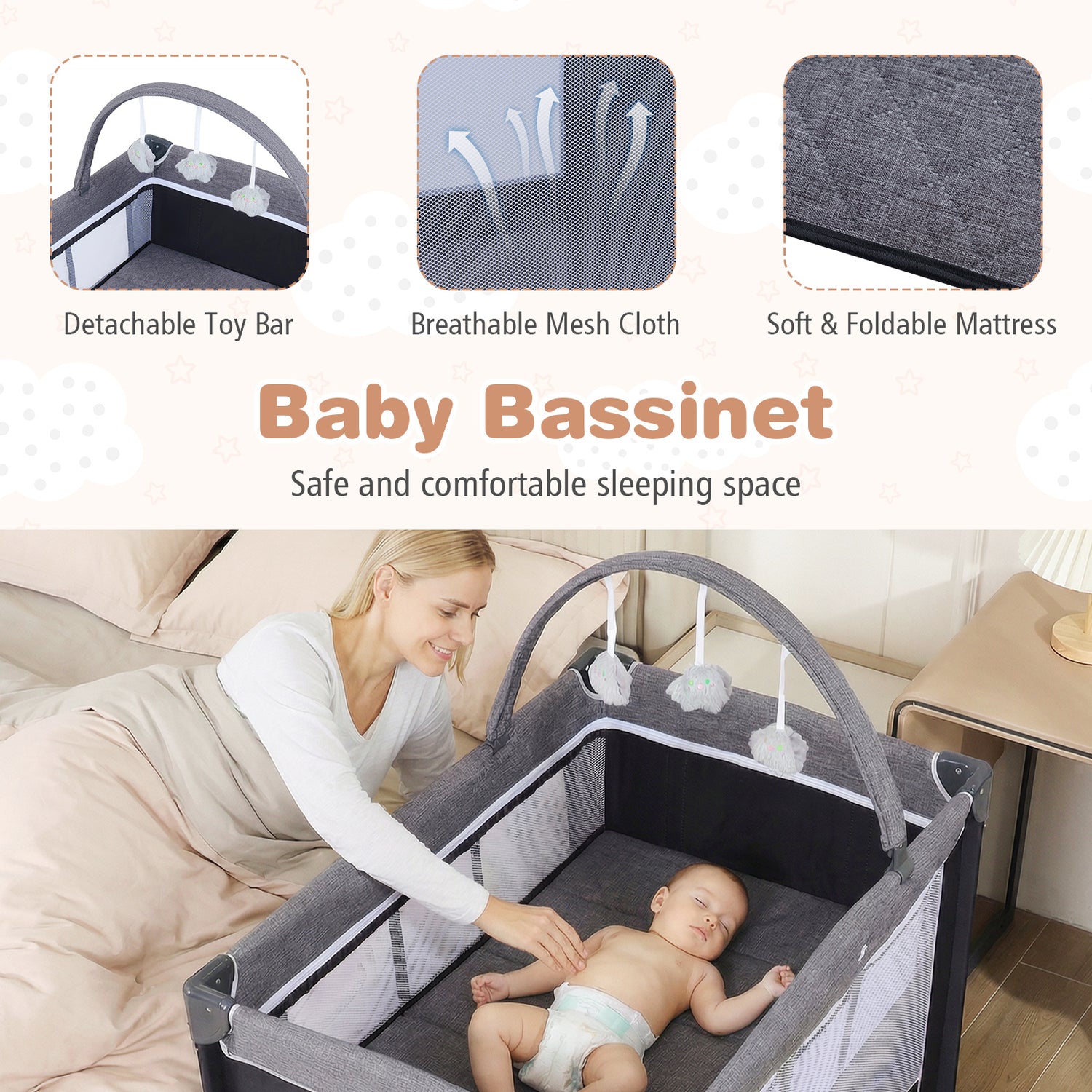 3-in-1 Portable Baby Crib and Playpen with Changing Table-Gray