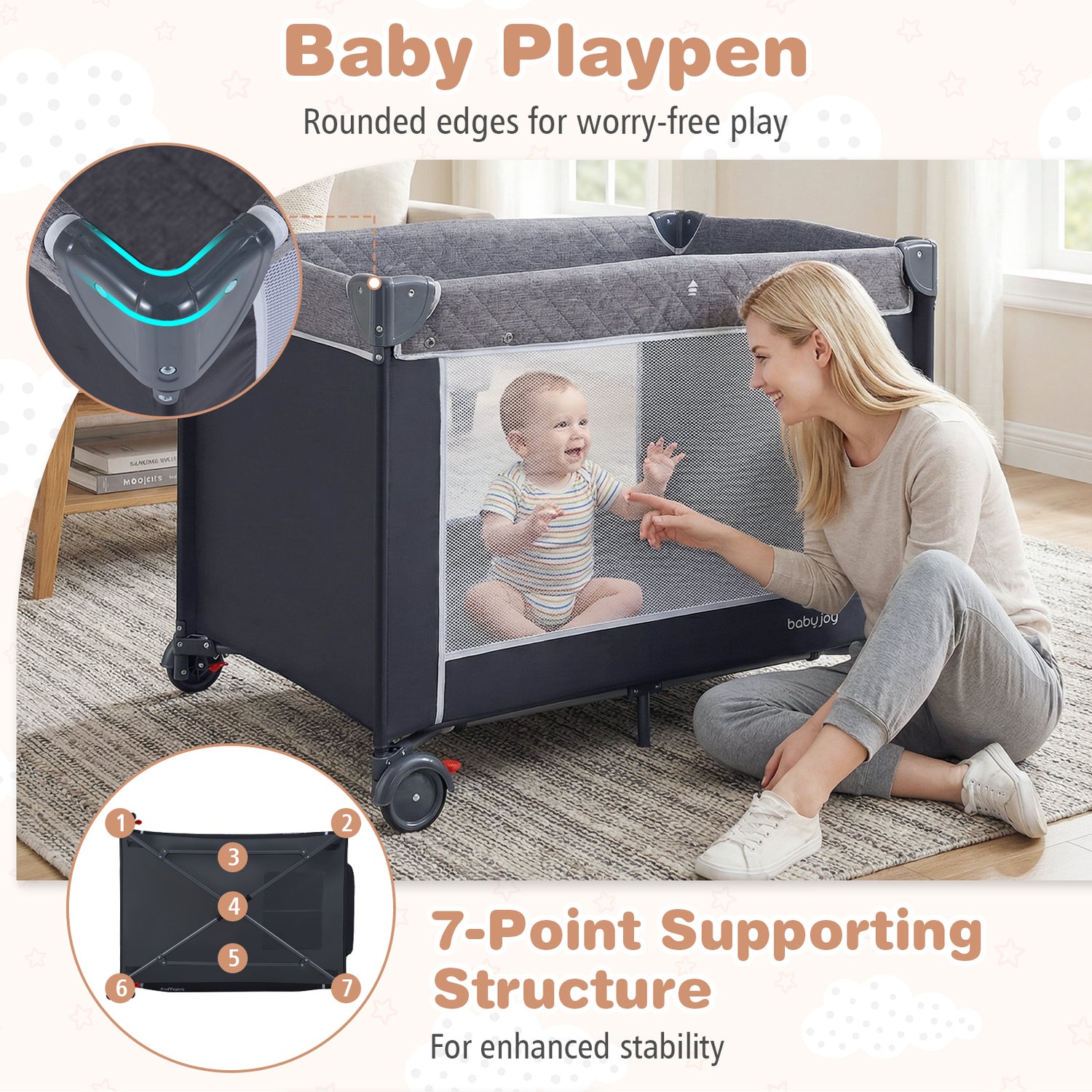 3-in-1 Portable Baby Crib and Playpen with Changing Table-Gray