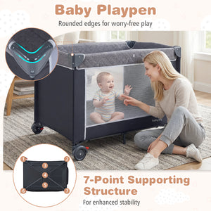 3-in-1 Portable Baby Crib and Playpen with Changing Table-Gray