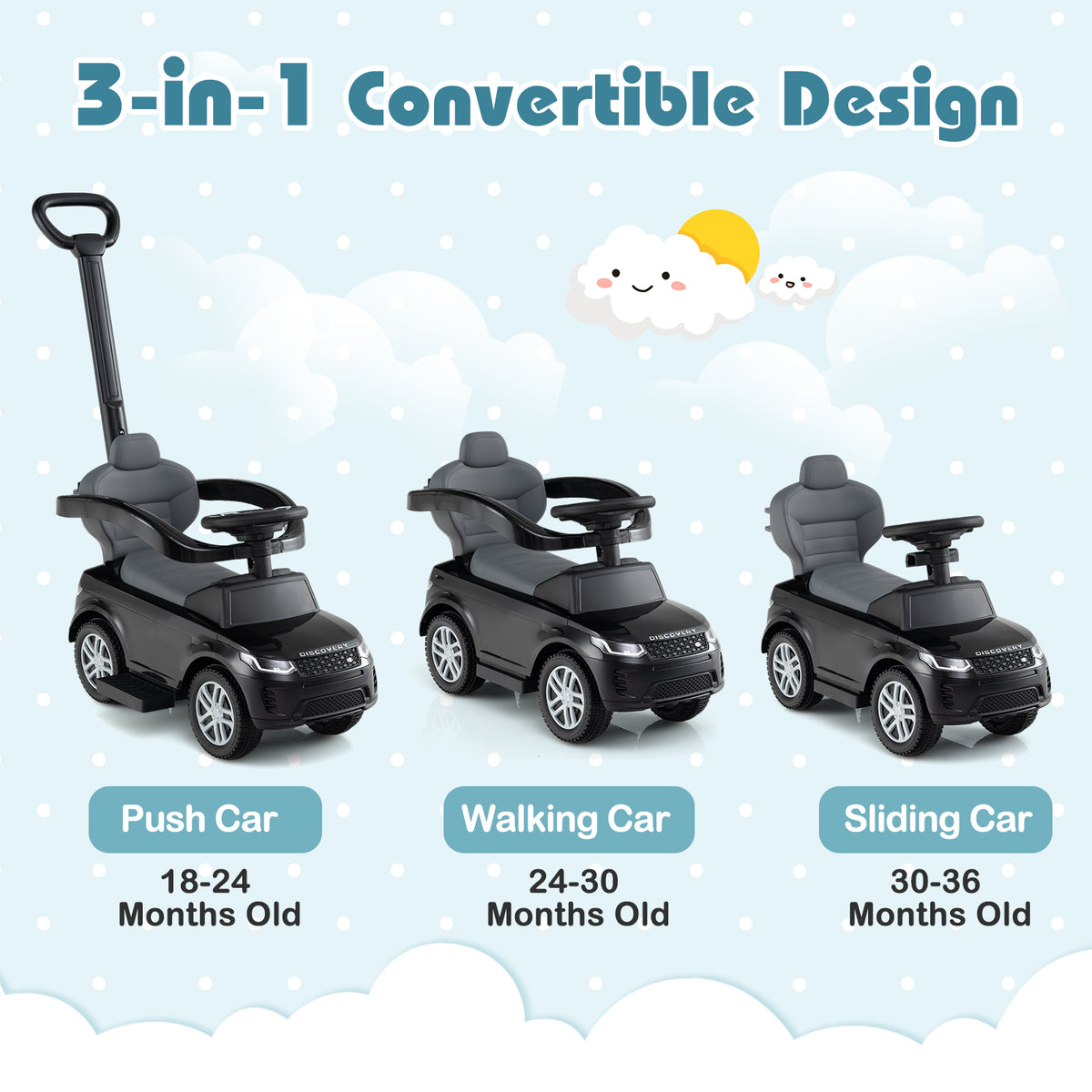 3 in 1 Push Car with Removable Handle and Guardrail for Kids 18-36 Months Old-Black