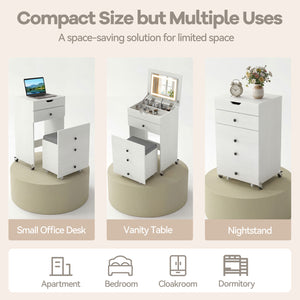 3-in-1 Small Vanity Desk Set with Flip-top Mirror and Lights with Drawers and Stool-White
