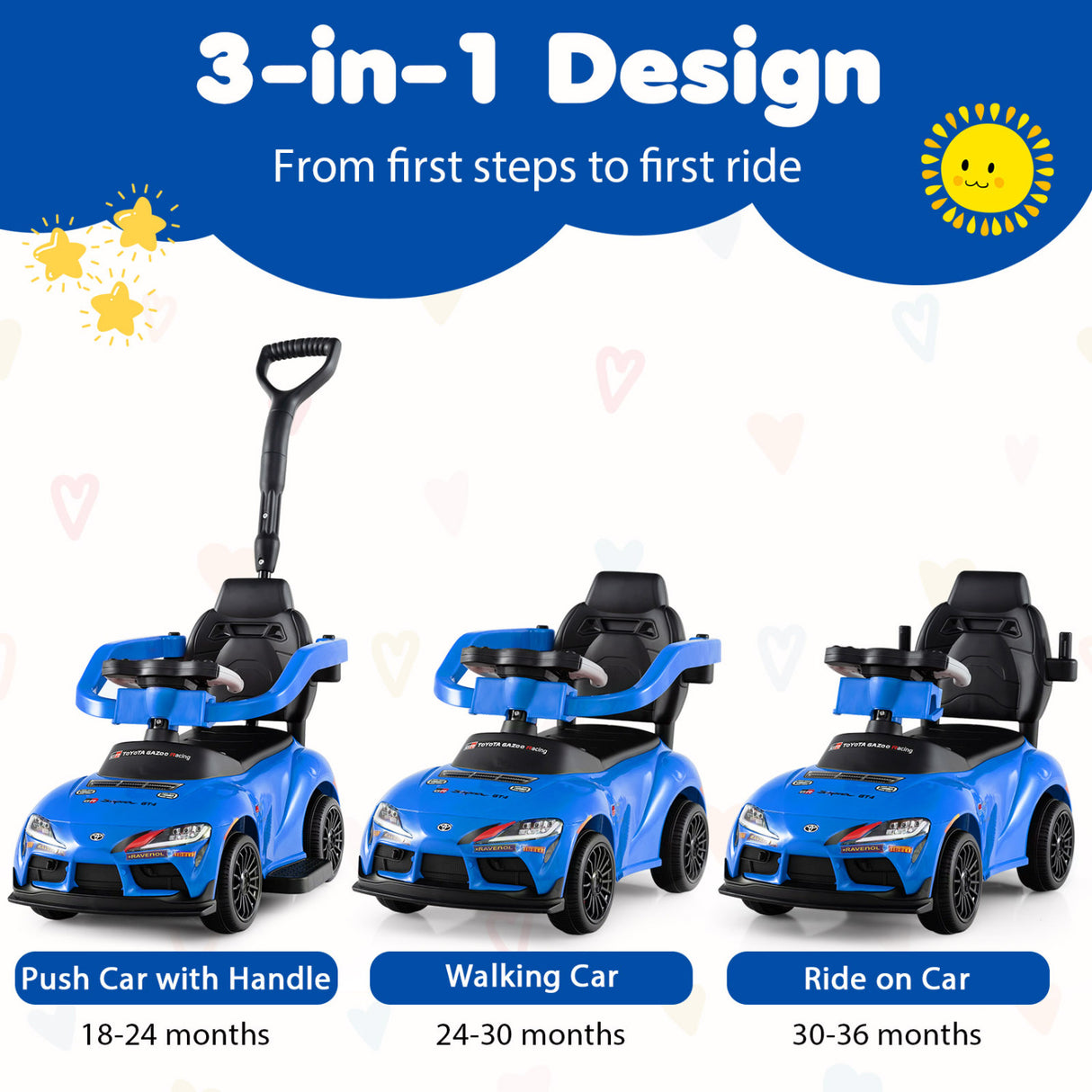 3-in-1 Toyota Licensed Foot-to-Floor Stroller Sliding Walking Toy-Blue