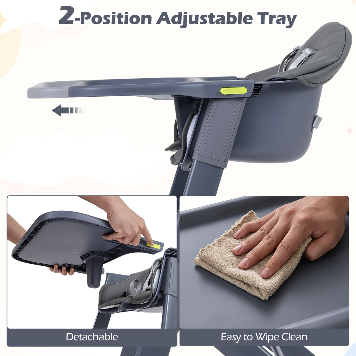 3-in-1 Washable Baby High Chair with Tray Footrest-Gray