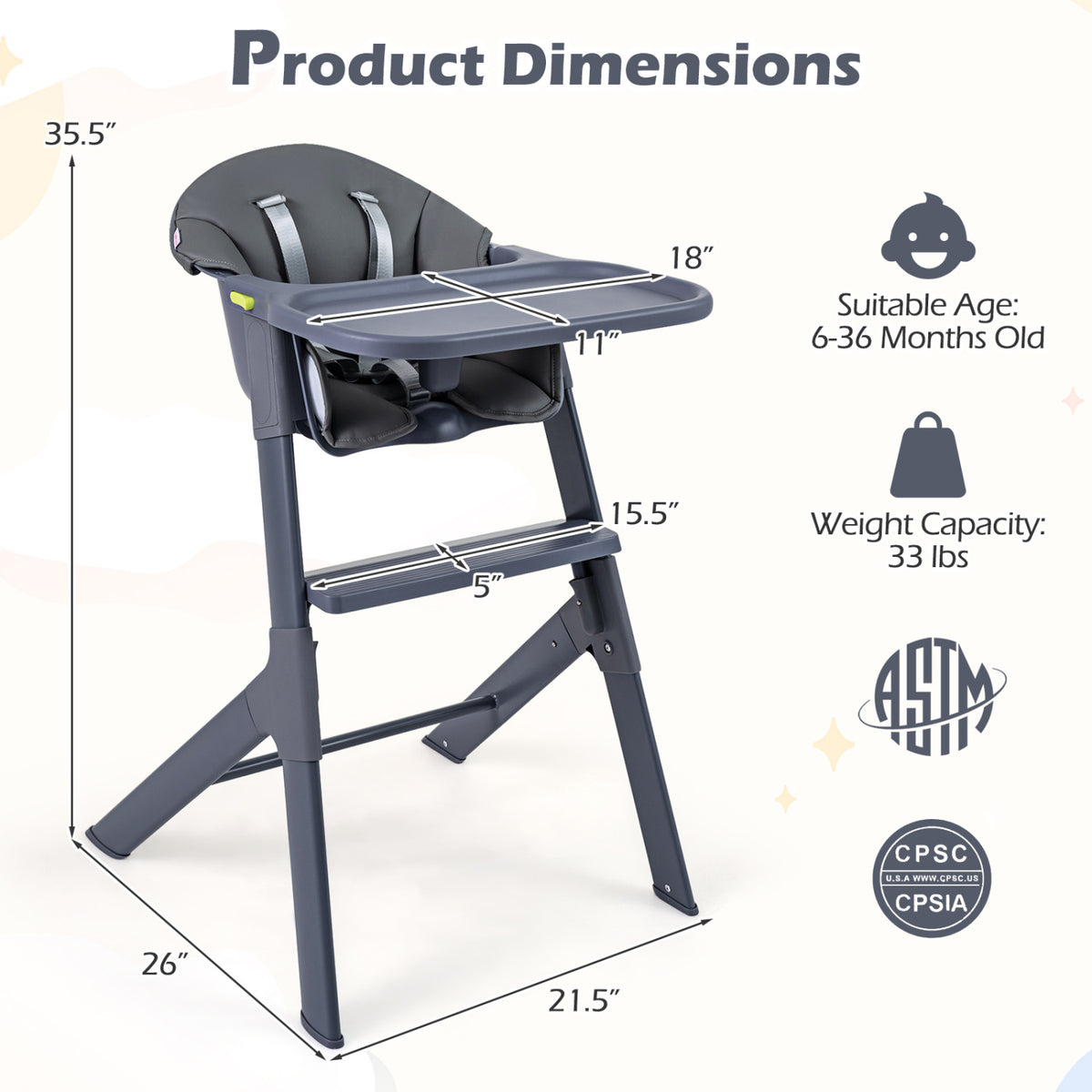 3-in-1 Washable Baby High Chair with Tray Footrest-Gray
