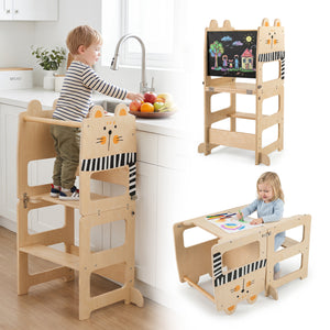 3-in-1 Wooden Kids Toddler Kitchen Step Stool with Blackboard-Black&White