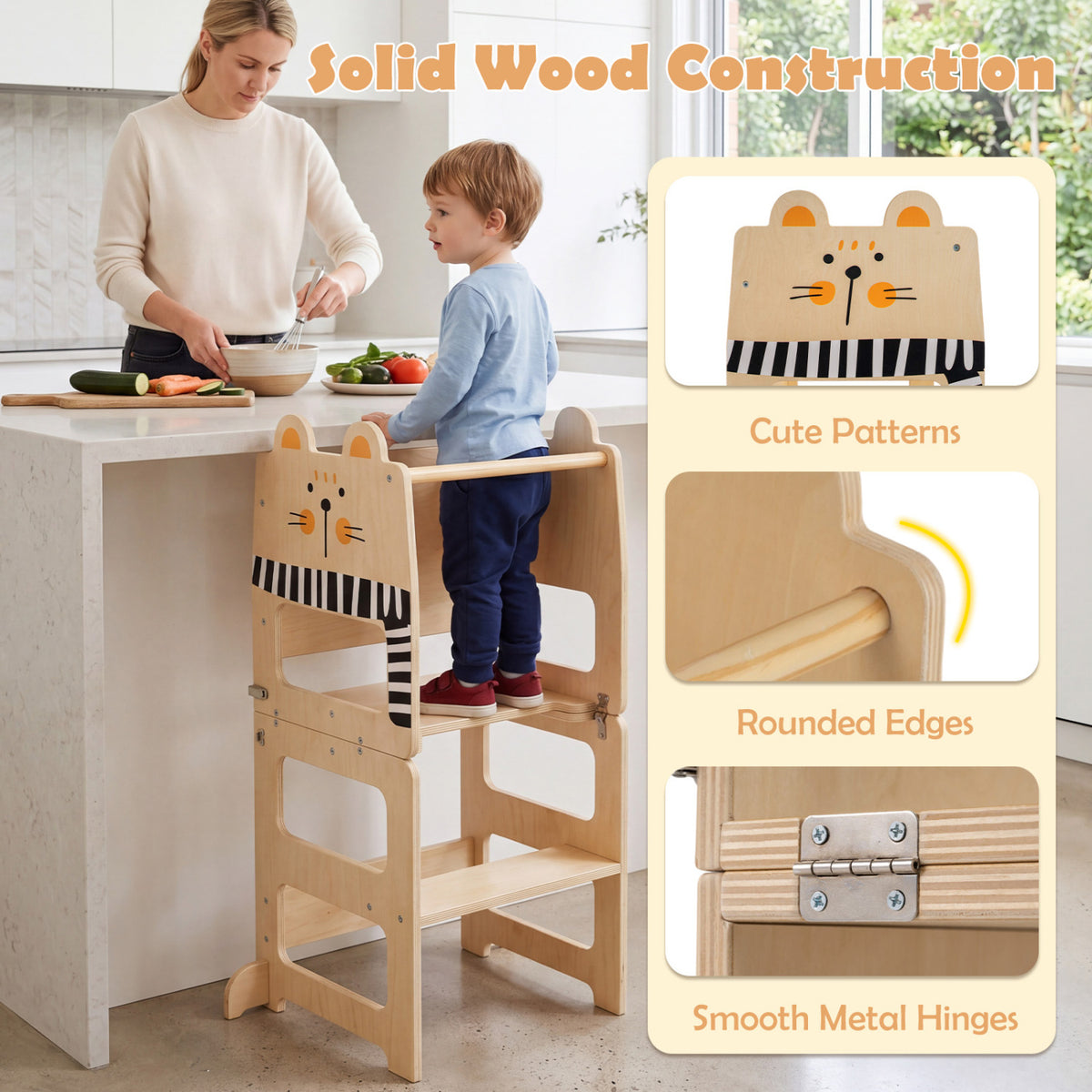 3-in-1 Wooden Kids Toddler Kitchen Step Stool with Blackboard-Black&White