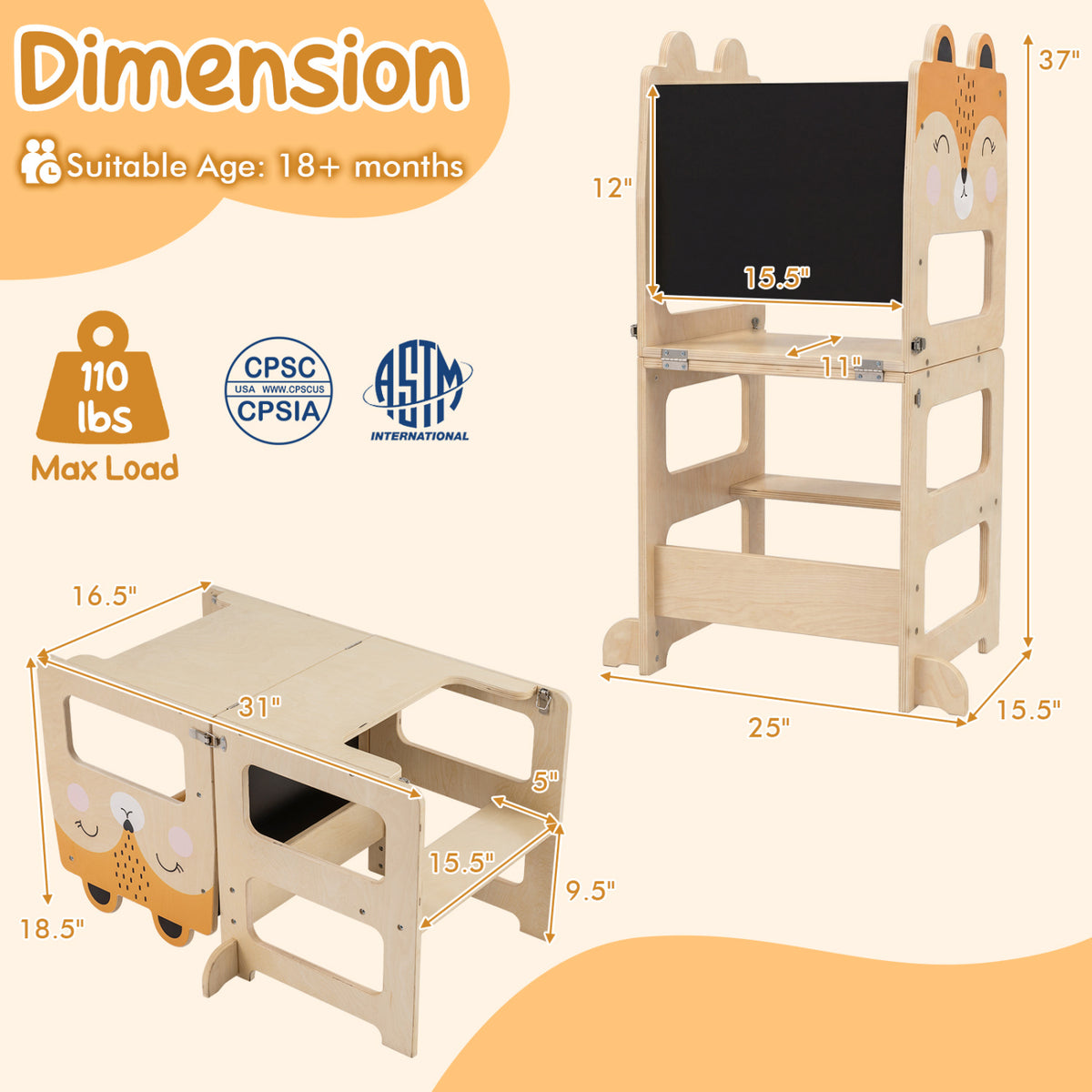 3-in-1 Wooden Kids Toddler Kitchen Step Stool with Blackboard-Orange