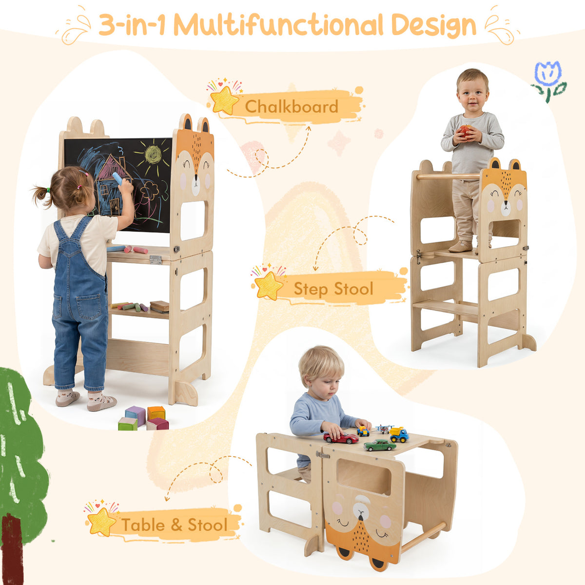 3-in-1 Wooden Kids Toddler Kitchen Step Stool with Blackboard-Orange