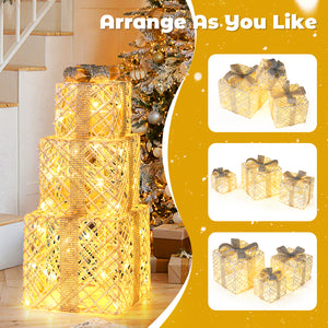 3 Pack Christmas Lighted Gift Box with 50 LED Lights and Detachable Bows