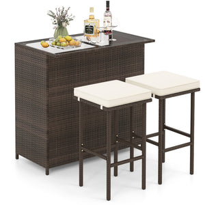 3-piece Rattan Wicker Bar Table Stools Dining Set Cushioned Chairs