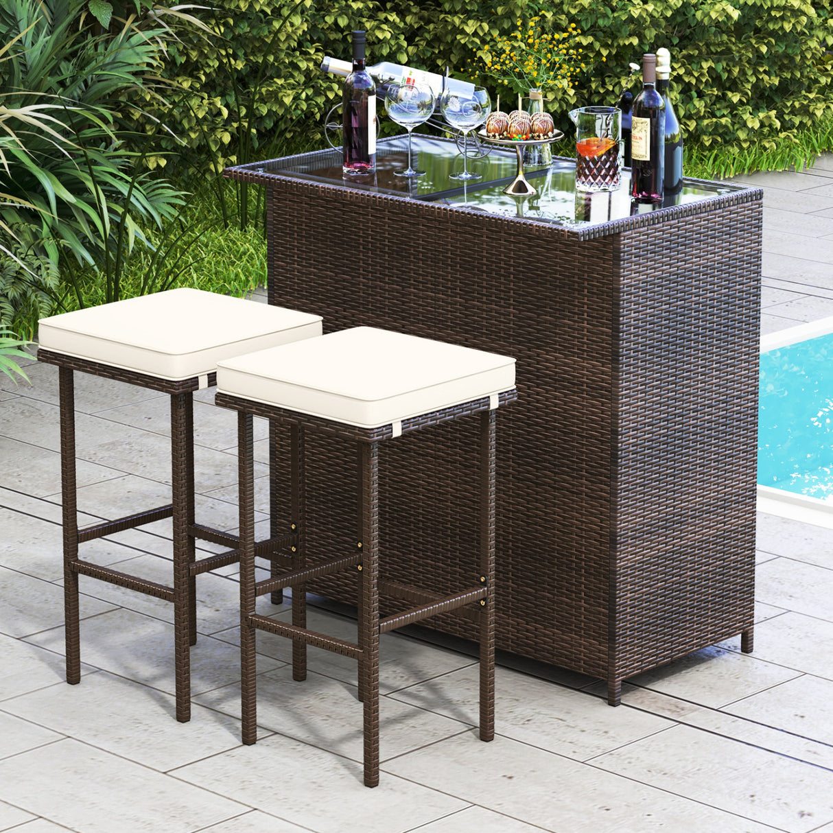 3-piece Rattan Wicker Bar Table Stools Dining Set Cushioned Chairs